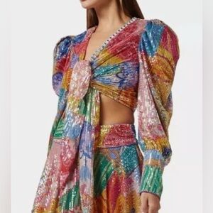 Celia B CeliaB Fuji Sequin Rainbow Top Wrap Blouse shirt XS Disco Party Dopamine